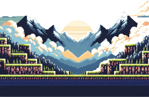 a pixel clouds background, with mountains, full height full width
Single Game Texture.  In-Game asset.  2d.  Blank background.  High contrast.  No shadows