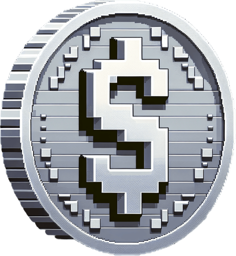 perspective of a basic silver coin with a dollar sign ‘$’....
video game sprite