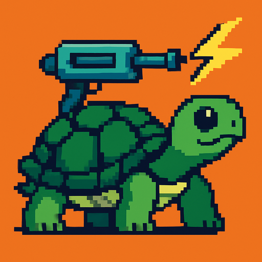 a turtle with a lightning bolt gun on her shell, pixelart.
In-Game asset.  2d.  High contrast.  No shadows