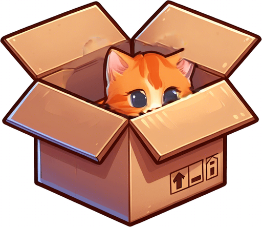 cute Chibi ginger cat look from the box into the camera. Cheeky, happy.