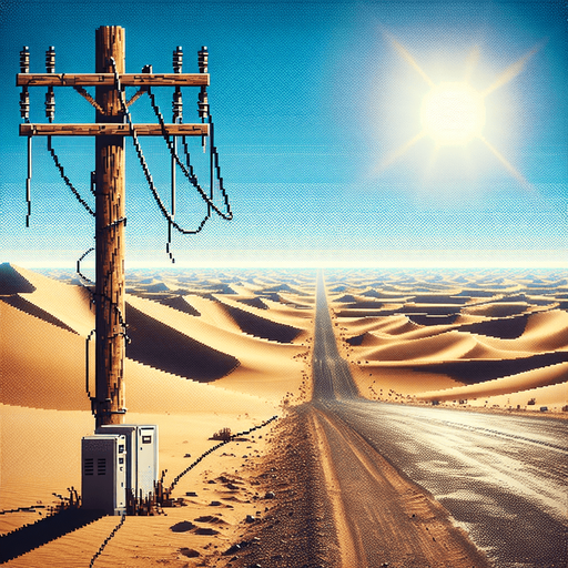 wooden electric pole on a desert road.
video game style