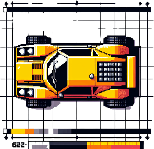 Top-down view of a yellow racing car, pixel art style, 64x64, arcade-style graphics, sharp and fast-looking design".top down view
Single Game Texture.  In-Game asset.  2d.  Blank background.  High contrast.  No shadows