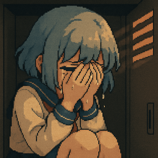 Yui is a cute 15-year-old anime girl with big black eyes and short, soft blue-gray hair (HEX: #b0b9d8). She wears a traditional Japanese school uniform called a sailor fuku. In this Pixel Art scene, Yui is clearly devastated—she’s hunched over in a slouched, defeated posture, crying intensely. Many visible tears stream down her cheeks, slipping past her fingers as she covers her face with both hands. Her entire body language screams sadness; it’s raw, heavy, and impossible to ignore. She’s inside a school locker, and although she’s looking outward through the metal grate, her face is mostly hidden behind her trembling hands. The entire scene is viewed from inside the locker, with soft light coming through the vents, casting delicate shadows across her curled-up figure and highlighting the depth of her heartbreak. The atmosphere is heavy, emotional, and quietly heartbreaking—yet still family-friendly in tone.