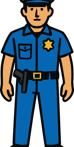 mavi polis giysili, cebinde silah olan tüm vücudu görünen bir polis.
In-Game asset.  2d.  High contrast.  No shadows