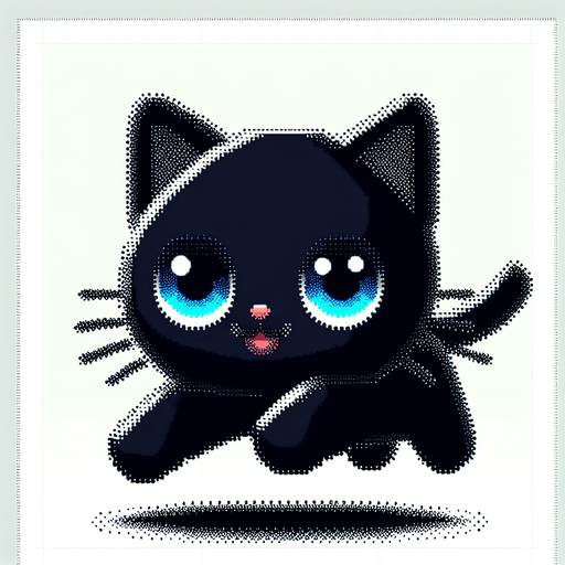 Flying, Cute black cat with blue eyes. Dot picture. Single Game Texture. In-Game asset. 2d. Blank background. High contrast. No shadows.
