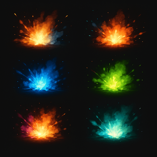 VFX pack of different explosions particles. Different colors. HD colors. ellipse. circle
In-Game asset.  3d.  High contrast.  No shadows
