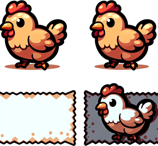 Cartoon chicken.
Single Game Texture.  In-Game asset.  2d.  Blank background.  High contrast.  No shadows