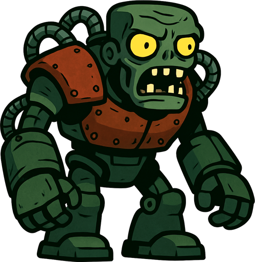 Cuerpo Robusto y Verde: El Zombot es una mole robótica de gran tamaño, con un cuerpo predominantemente de color verde oscuro, que le da un aspecto industrial y amenazante. Sus "hombros" y parte del torso están cubiertos por una armadura de color óxido o marrón rojizo, con remaches visibles.

Cabeza de Zombi Grande: La cabeza del robot es grande y cuadrada, también de color verde, con mandíbulas inferiores prominentes que se abren para revelar dientes afilados. Tiene dos grandes ojos amarillos brillantes que emiten una luz siniestra, lo que lo hace parecer una versión robótica y gigantesca de un zombi común.

Múltiples Mangueras y Cables: Varias mangueras o tuberías metálicas segmentadas sobresalen de sus hombros y otras partes del cuerpo, conectándose a sus brazos y cabeza, lo que sugiere un complejo sistema mecánico y de fluido.

Brazos y Piernas Robóticas Grandes: Sus brazos son enormes y fornidos, con grandes manos que terminan en "dedos" gruesos y redondeados, capaces de infligir u.
In-Game asset.  2d.  High contrast.  No shadows