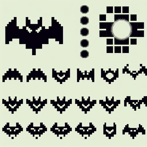 8-bit pixelated dark bat stylized icon shaped throwing ninja star on a spritesheet containing multiple stages of the bat flapping it's wings up and down.
Single Game Texture. In-Game asset. 2d. Blank background. High contrast. No shadows.