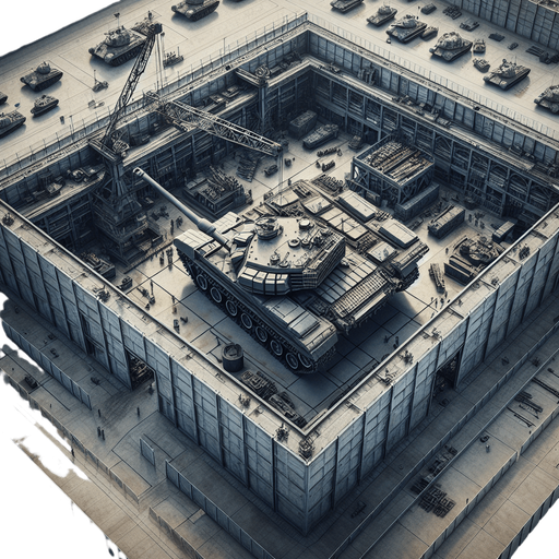 Simple heavy army tank factory buiding a tank with a crane. Square fence...
Zenith view Directly overhead. Plumb view.