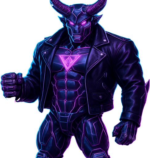 Black leather biker jacket longsleeves bare segmented neon cyberpunk pecs abs muscles robot monster hunk Neon cyberpunk 3d hologram corporate occult demon android mecha robot sentinel guard soldier machine monster fully in frame no part cut off no background anime futuristic