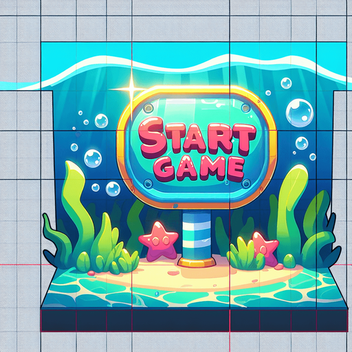 Game start sign. cartoon, shiny, underwater theme. "START GAME".
Single Game Texture. In-Game asset. 2d. Blank background. High contrast. No shadows.