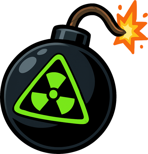 fitili ateşlenmiş parlak üzerinde yeşil tehlike işareti olan siyah bomba.
In-Game asset.  2d.  High contrast.  No shadows