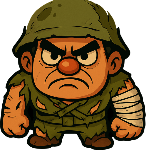 elbisesi ve şapkası yırtılmış kolu sargıda