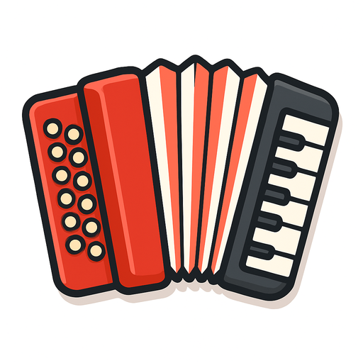 A clean, colorful 2D illustration of a traditional accordion, designed in cartoon or flat vector style. The accordion should have red-and-white or black-and-white bellows, visible keys and buttons, and rounded edges. Add a soft shadow and outline to make it pop against any background. Export as a transparent PNG (no background), suitable for use as a game asset in a mobile quiz game. Size should be square-friendly and visually clear even at small sizes..
In-Game asset.  2d.  High contrast.  No shadows
