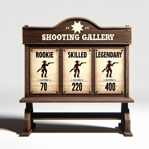a western shooting gallery ranking charts written rookie (70) skilled(220) legendary (400).
Single Game Texture. In-Game asset. 2d. Blank background. High contrast. No shadows.
