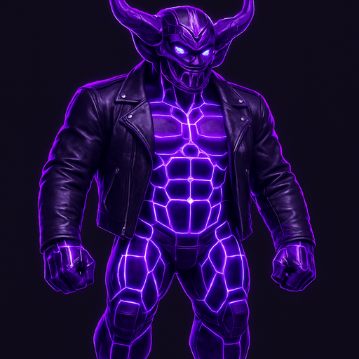Black leather biker jacket longsleeves bare segmented neon cyberpunk pecs abs muscles robot monster hunk Neon cyberpunk 3d hologram corporate occult demon android mecha robot sentinel guard soldier machine monster fully in frame no part cut off no background anime futuristic Background removed, "Full-body character, entirely in frame, no cropping of face, head, or feet" "Complete character visible, from head to toe, fully centered in the image" "Entire character, including face and boots, fully within the frame" Character fully contained within a square frame, no edges cut off  horns through boots