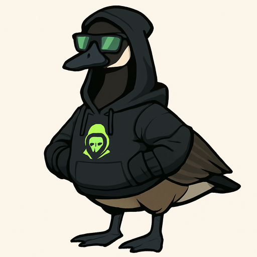 A Canadian goose in full body in hacker outfit.
In-Game asset.  2d.  No shadows