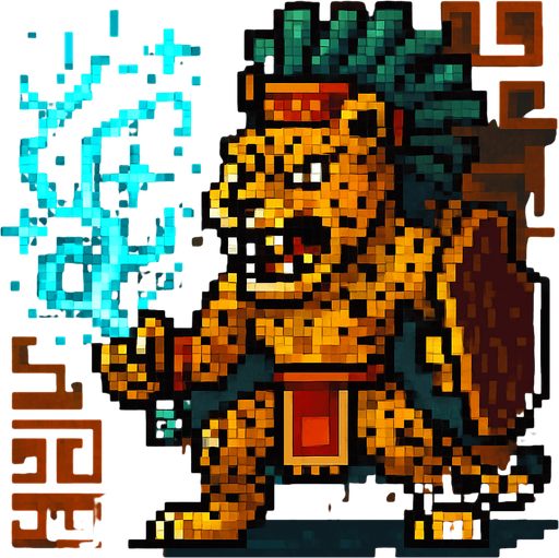 Generame un jaguar guerrero con efectos de energia estilo magico, pixelar, con ambientacion azteca.
In-Game asset.  2d.  High contrast.  No shadows