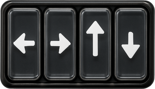 Photorealistic transparent rectange dj deck sample buttons with black rounded corners, front view. White Left, Right, Up, Down arrows, next to each other, front view