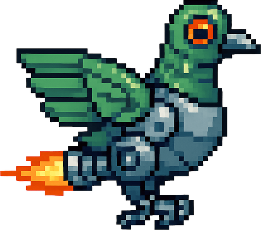 Pixel art of a smaller robotic pigeon with jet wings and a streamlined shape. Fast enemy type in a 2D arcade game. Side view, green metal feathers.
In-Game asset.  2d.  High contrast.  No shadows