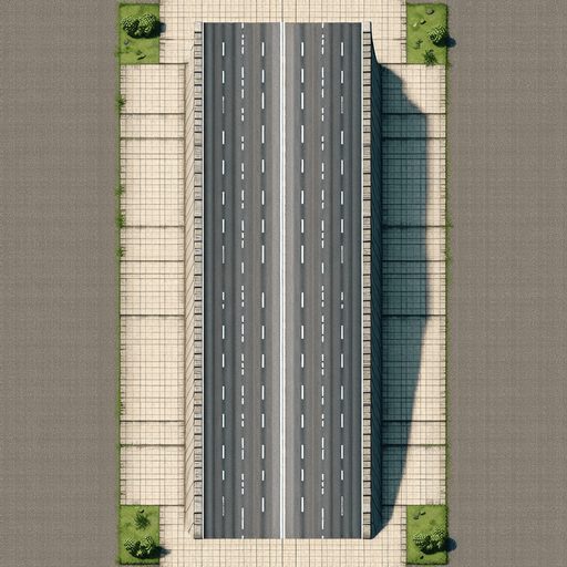 single large vertical road with no vehicles. similar to road fighter. grey color with pavement and grass on the side. orthographic top view.