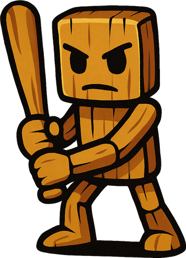 anthropomorphic wooden figure holding a baseball bat.
In-Game asset.  2d.  High contrast.  No shadows