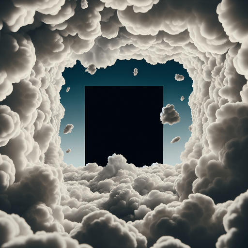 frame made of cozy clouds, it fill the complete screen, in the center is black only, on black background