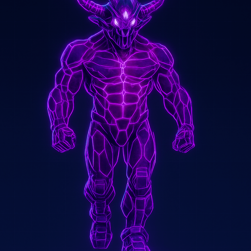 bare segmented neon cyberpunk pecs abs muscles robot monster hunk Neon cyberpunk 3d hologram corporate occult demon android mecha robot sentinel guard soldier machine monster fully in frame no part cut off no background anime futuristic Background removed, "Full-body character, entirely in frame, no cropping of face, head, or feet" "Complete character visible, from head to toe, fully centered in the image" "Entire character, including face and boots, fully within the frame" Character fully contained within a square frame, no edges cut off horns through boots Walking animation forward