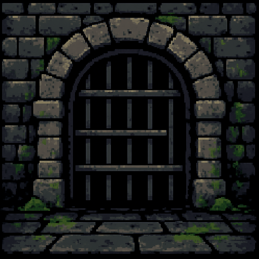 Background image of gate leading into a dark dungeon. Walls are grey and mossy stones. Retro pixel art..
In-Game asset.  2d.  High contrast.  No shadows