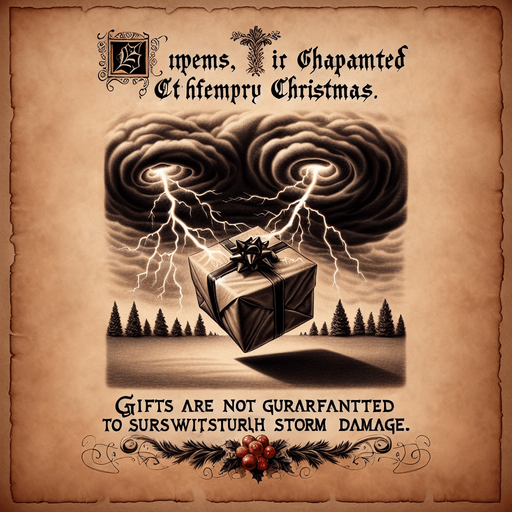 a pergament of a christmas present hit by a storm lightning in the sky. There is the text: "Gifts are not guaranteed to withstand storm damage."
