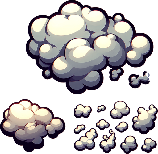cartoon smoke puff.
Single Game Texture. In-Game asset. 2d. Blank background. High contrast. No shadows.