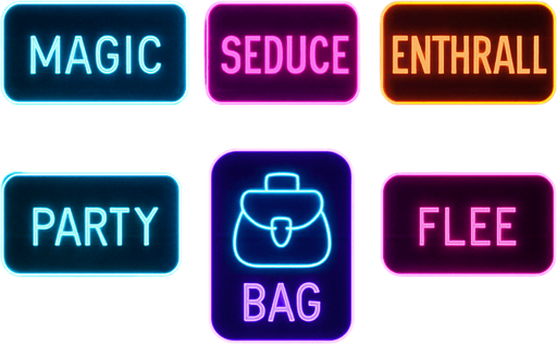 Neon cyberpunk combat menu MAGIC SEDUCE ENTHRALL PARTY BAG FLEE flat hologram glowing outline