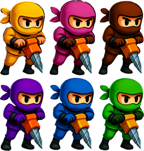 Same images of ninjas characters with digg machine but showing both legs. HD color