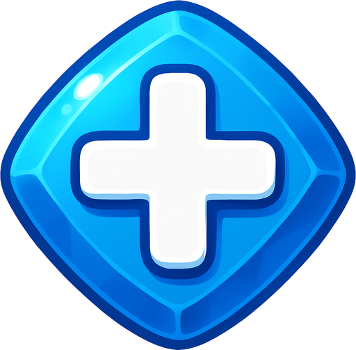 A 2D top-down icon for a match-3 special gem with a bright colored jewel (blue or red) and a bold white plus (+) sign on top.
The plus sign should be centered, thick, and clearly visible.
The gem should have a shiny, cartoon-style look with soft gradients and a glowing outline.
No background, transparent, game-ready.