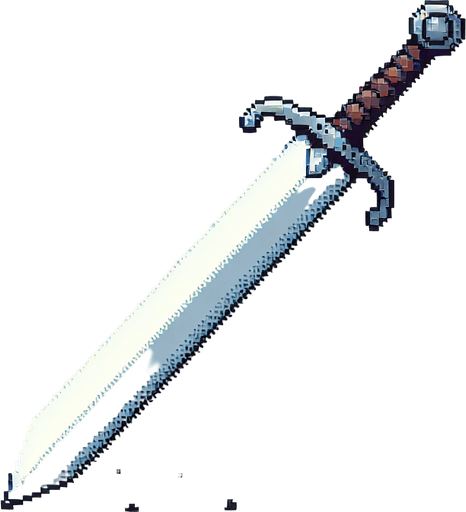 A thin crude sword, no pommel. 8 bit pixel art..
Single Game Texture.  In-Game asset.  2d.  Blank background.  High contrast.  No shadows