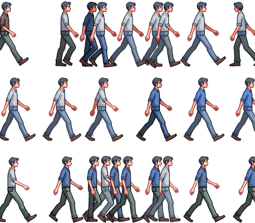 spritesheet of a person walking.
Single Game Texture. In-Game asset. 2d. Blank background. High contrast. No shadows.