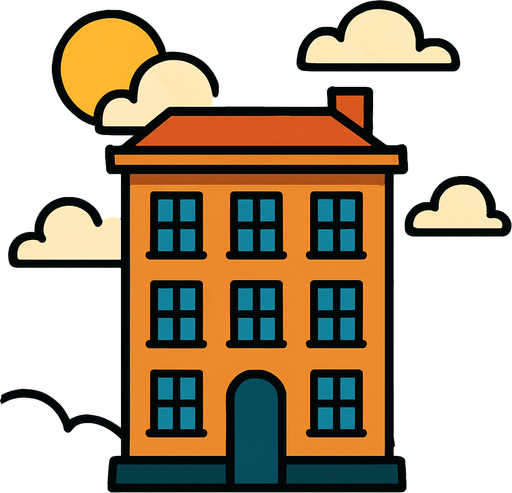 cloudy sunny building background.
In-Game asset.  2d.  High contrast.  No shadows