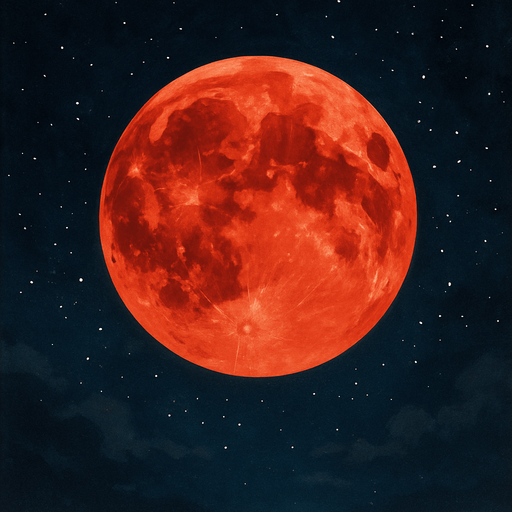 Luna roja sobre cielo nocturno, sin bordes y algo realista, que se aprecie el fondo.
In-Game asset.  2d.  High contrast.  No shadows