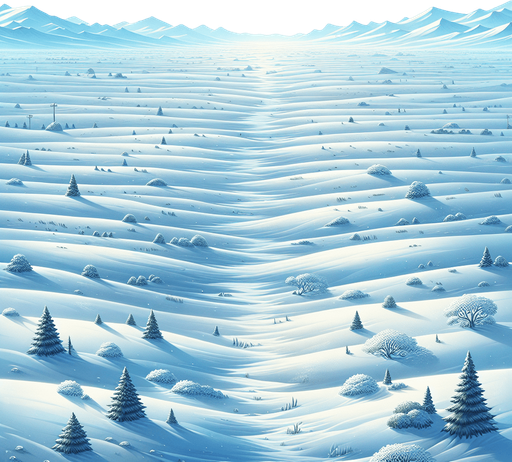 A snow covered plains stretching to horizon. Top down perspective view from afar. Rich winter colors. Illustration. Single Game Texture. In-Game asset. 2d. Blank background. High contrast. No shadows.