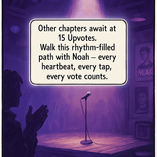 A vertical cinematic scene in a semi-realistic comic style with white photo-like borders. In the center, a spotlight shines down on a small empty stage inside a dimly lit club, hinting at anticipation. The atmosphere is emotional and moody, using purples and blues. A soft glow surrounds the narrator box in the center, which reads: “Other chapters await at 15 Upvotes. Walk this rhythm-filled path with Noah — every heartbeat, every tap, every vote counts.” The narrator box is rectangular with rounded edges, resembling a classic comic caption box. Background elements suggest quiet support — maybe a shadowy figure clapping, or faint posters of Noah. No characters shown clearly, just a stage awaiting the next act..
In-Game asset.  2d.  High contrast.  No shadows