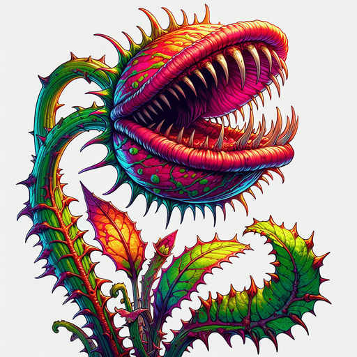 meat eating plant.
Single Game Texture.  In-Game asset.  2d.  Blank background.  High contrast.  No shadows