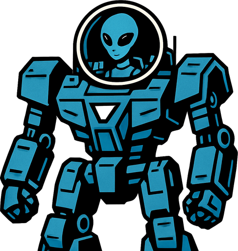 Giant space robot with grey alien controlling it from cockpit in head
In-Game asset.  2d.  High contrast.  No shadows