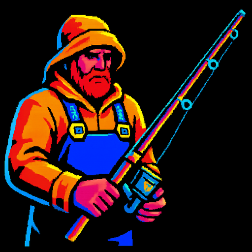 A commercial fisherman standing stoicly, looking down and holding a fishing pole out, fishing.  80s arcade machine graphics..
In-Game asset.  2d.  High contrast.  No shadows