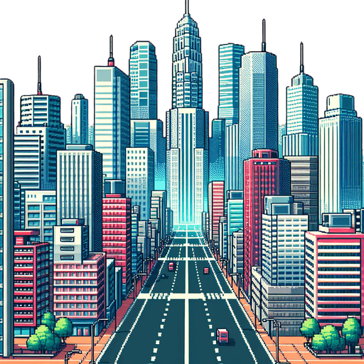 city with skyscrapers with a big street at the bottom.
in-Game background asset. 2d. High contrast. No shadows. 8bit.