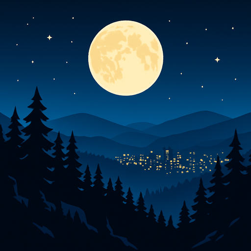 malam bulan purnama diatas hutan dataran tinggi. di kejauhan nampak kota di malam hari.
In-Game asset.  2d.  High contrast.  No shadows