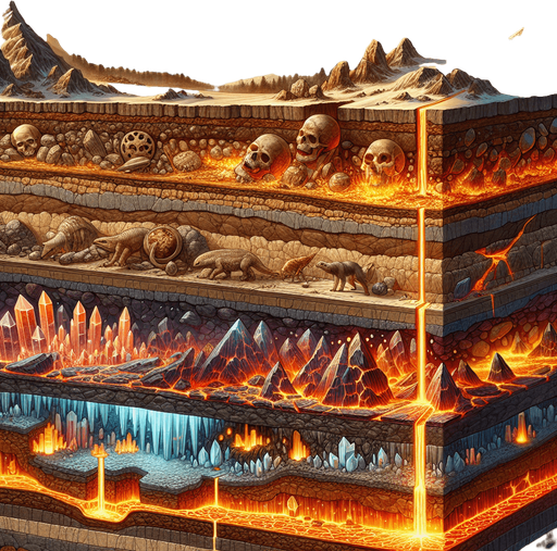 Here is your 2D side-view of the earth’s layers in a side-scrolling game style. It maintains the horizontal strata with distinct layers transitioning from rocky topsoil to deep, glowing lava rock. Fossils, gold veins, and crystal traces add depth and detail.

For the next remix, here are some potential modifications:

Deeper Layer Focus – Shift the scene further down to expose more intense lava activity and larger crystal formations. 🔥
More Fossils & Artifacts – Increase the number of embedded fossils, adding prehistoric bones or ancient relics. 🦴
Volcanic Activity – Introduce subtle magma flows or small pockets of underground lava chambers..
Single Game Texture.  In-Game asset.  2d.  Blank background.  High contrast.  No shadows