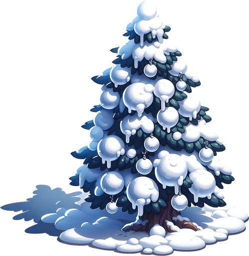 A snowcovered christmas tree decorated with snowballs..
Single Game Texture. In-Game asset. 2d. Blank background. High contrast. No shadows.