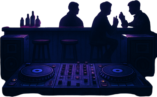 semi-realistic comic book style, moody neon lighting, lo-fi urban atmosphere, rich textures, cinematic framing, purple and blue tones, soft gradients, ambient reflections