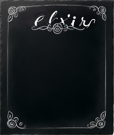 Word "ELIXIR" handwritten in chalk aligned at the top